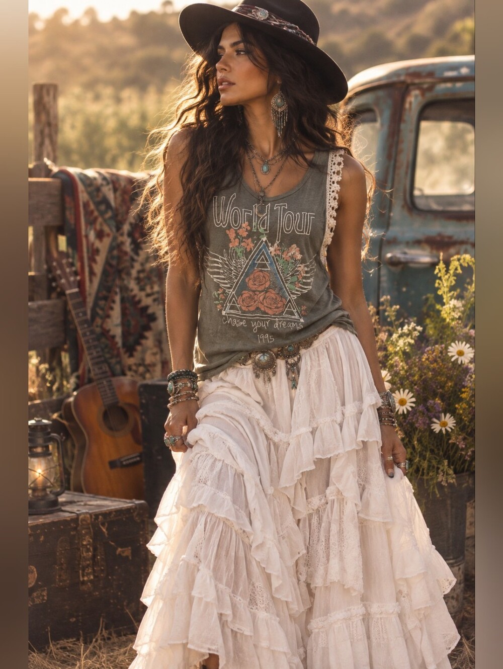 #19 Lace-Trim Olive Green Graphic Tank Top